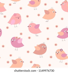 Cute seamless pattern with a  multi-colored cartoon birds