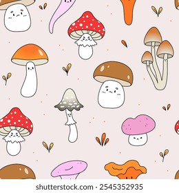 Cute seamless pattern with mushrooms. Autumn background. Hand drawn texture for print, textile, fabric. Vector illustration. 