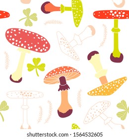 Cute seamless pattern with mushrooms. Background with bright fly agaric or amanita and green leaves. Design for wrapping paper, textile. Witches fairy backdrop. Autumn harvest from the forest