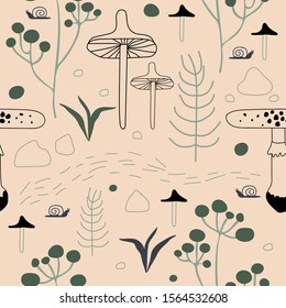 Cute seamless pattern with mushrooms. Background with bright fly agaric or amanita, snails, plants, stones. Design for wrapping paper, textile. Witches fairy backdrop. Autumn harvest from the forest