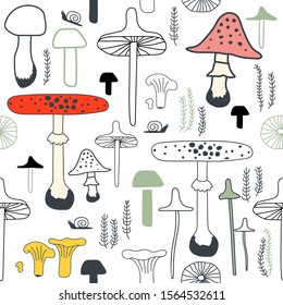 Cute seamless pattern with mushrooms. Background with autumn harvest from the forest. Design for wrapping paper, textile. Witches fairy backdrop. 