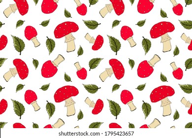 Cute seamless pattern with mushrooms bright fly agaric or amanita and green leaves. Autumn harvest from the forest. Suitable for design, brand logo, badge, printed cups, card, wrapping paper, textile