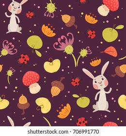 Cute seamless pattern with mushrooms, flowers, apples and rabbits on dark purple background. 