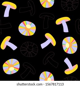 Cute seamless pattern with  mushrooms on black background. Fantastic fairy print for fabric, textile, wrapping paper. Harvest from autumn forest - seasonal decoration, illustration.