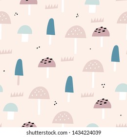 Cute seamless pattern with mushrooms. Perfect for kids fabric, textile, nursery wallpaper. Pink background.