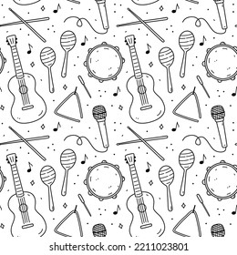 Cute seamless pattern with musical instruments - drumsticks, maracas, triangle, tambourine, microphone and  guitar. Vector hand-drawn illustration in doodle style. Perfect for decorations, wallpaper.