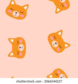 cute seamless pattern with muzzle of ginger cat, fox. childish drawing doodle with orange pet on seamless texture for print, textile and background