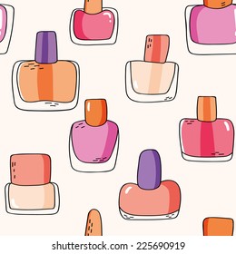 Cute seamless pattern with nail polish bottles in cartoon style