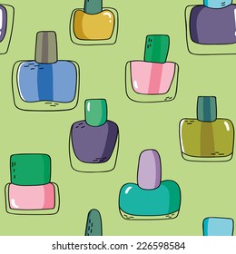 Cute seamless pattern with nail polish bottles in cartoon style. Beauty background