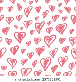 Cute seamless pattern of naive simple hand drawn style with hearts, pink colors, textile, St. Valentine decoration, love story, romantic vibe, baby shower party and girl birthday. Vector illustration