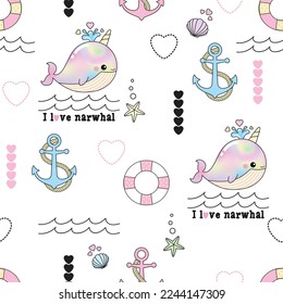 Cute seamless pattern narwhal and navy theme. Cute rainbow narwhal with unicorn horn decorate with navy elements sush as anchor and rubber rings.