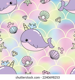 Cute seamless pattern narwhal under the sea with pearl shell and starfish in rainbow colorful.