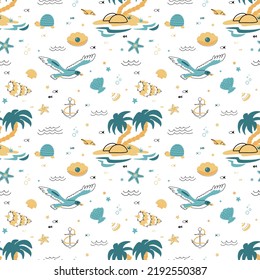 Cute seamless pattern nautical theme. Ocean and sea life background for children