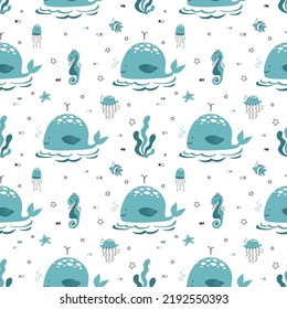 Cute seamless pattern nautical theme. Ocean and sea life background for children