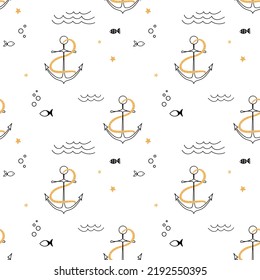 Cute seamless pattern nautical theme. Ocean and sea life background for children