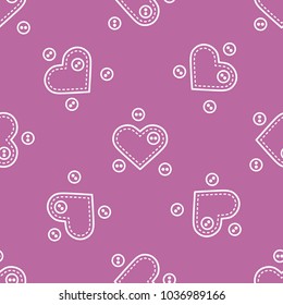 Cute seamless pattern with needle cases in shape of hearts and buttons.Template for design, fabric, print. Valentine's day.