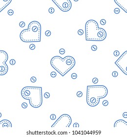 Cute seamless pattern with needle cases in shape of hearts and buttons.Template for design, fabric, print. Valentine's day.