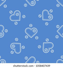 Cute seamless pattern with needle cases in shape of hearts and buttons.Template for design, fabric, print. Valentine's day.