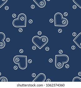 Cute seamless pattern with needle cases in shape of hearts and buttons.Template for design, fabric, print. Valentine's day.