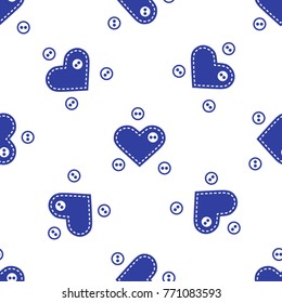 Cute seamless pattern with needle cases in shape of hearts and buttons.Template for design, fabric, print. Valentine's day.