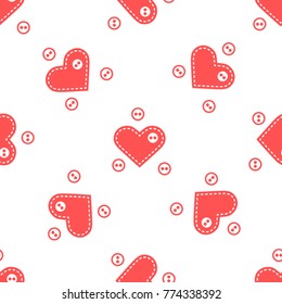 Cute seamless pattern with needle cases in shape of hearts and buttons.Template for design, fabric, print. Valentine's day.