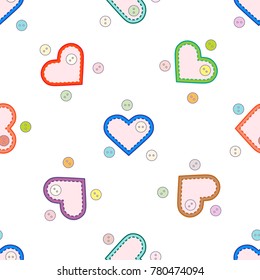Cute seamless pattern with needle cases in shape of hearts and buttons.Template for design, fabric, print. Valentine's day.