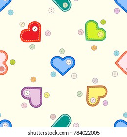 Cute seamless pattern with needle cases in shape of hearts and buttons.Template for design, fabric, print. Valentine's day.