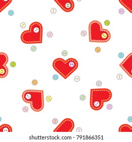 Cute seamless pattern with needle cases in shape of hearts and buttons.Template for design, fabric, print. Valentine's day.