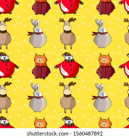 Cute seamless pattern for the new year with lettering, bear cat, elk, hare cartoon hand drawn vector illustration. Can be used for t-shirt print, kids wear fashion design, 
baby shower invitation card