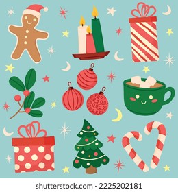 Cute seamless pattern with New Year and Christmas elements in the styles of flat art in delicate blue colors. The Christmas pattern is suitable for postcards and gift paper