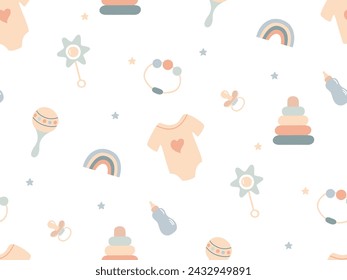 Cute seamless Pattern with Newborn Accessories. Baby boy girl Decorative elements. Baby Shower Background in pastel colors. Hand drawn Children Cartoon accessory