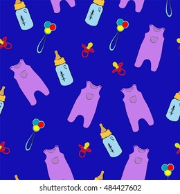 Cute seamless pattern for newborns on the blue background. Stock vector illustration. Baby  colorful stuff. Kids background.