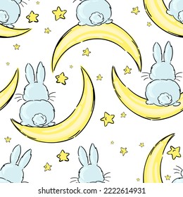 Cute seamless pattern night cartoon bunny with crescent moon and yellow stars. Kids illustration. For baby textile, fabric, print and wallpaper.