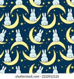 Cute seamless pattern night cartoon bunny with crescent moon and yellow stars. Kids illustration. For baby textile, fabric, print and wallpaper.
