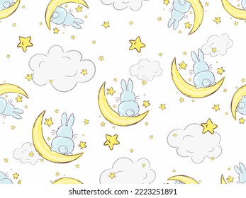 Cute seamless pattern night cartoon bunny with crescent moon and yellow stars. Kids illustration. For baby textile, fabric, print and wallpaper.