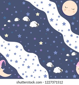 Cute seamless pattern night sky, stars, lambs and moon. Pajama party background. Editable vector illustration