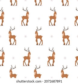 Cute seamless pattern with noble sika deer. Reindeers with antlers in different poses. Ruminant mammal animal. Vector illustration in flat cartoon style.