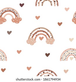 Cute seamless pattern in nordic colors with sweet rainbows and heart shaped elements isolated on white background. Hand drawn vector illustration in Scandinavian style.