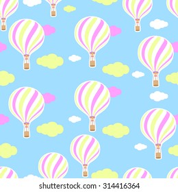 Cute seamless pattern in the nursery. Hot air balloon, clouds. Seamless background. The pattern in pastel colors. Pattern traveler. Vector colorful pattern balloon, basket and colored clouds.

