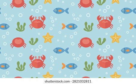 Cute seamless pattern of ocean life with red crabs, blue fish, yellow starfish, and green seaweed under the sea.