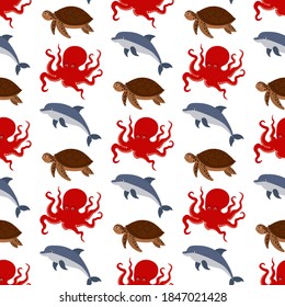 
Cute seamless pattern with octopus, dolphin, turtle on a white background. Sea animals in a flat style. Cartoon wildlife for web pages.
Stock vector illustration for decor and design, textiles