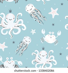 Cute seamless pattern with octopus, jellyfish, starfish, crab. Creative kids texture for fabric, wrapping, textile, wallpaper, apparel. Vector illustration.