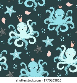 Cute seamless pattern with octopus, starfish. Creative kids texture for fabric, wrapping, textile, wallpaper, apparel. Vector illustration.