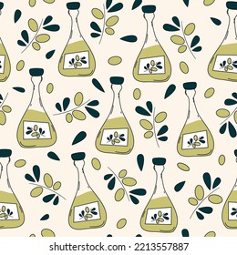 Cute seamless pattern with oil bottles and olive