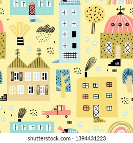 Patrón perfecto con edificios antiguos y modernos, transporte, formas abstractas y texturas. Bueno para los niños tela, textil, papel tapiz de vivero. Un paisaje urbano sin igual. Estilo escandinavo
