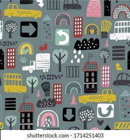 Diseño impecable con edificios antiguos y modernos, coches, letreros y árboles. Bueno para los niños tela, textil, papel tapiz de vivero. Paisaje urbano sin problemas. Ciudad moderna. Fondo oscuro.