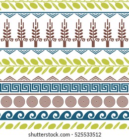 Cute seamless pattern with olives, wheat, and greek symbols.