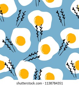 Cute seamless pattern with omelette and herbals. Vector hand drawn illustration.
