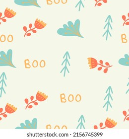 Cute seamless pattern on a beige background with beautiful flowers and cute lettering. Texture for scrapbooking, wrapping paper, invitations. Vector illustration.