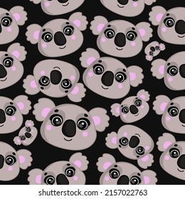 Cute seamless pattern on black background with cozy koala.
Texture for scrapbooking, wrapping paper, invitations. Vector illustration.